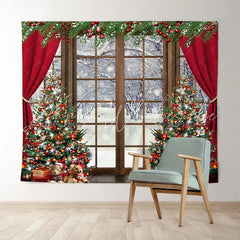 Lofaris Red Curtain Wood Windows Winter Merry Christmas Backdrop