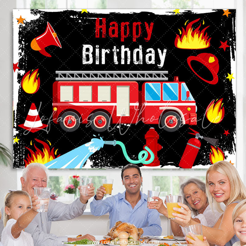 Lofaris Red Fire Truck Black Birthday Backdrop Banner For Boy