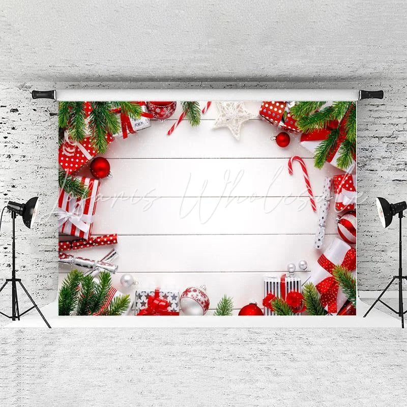 Lofaris Red Gifts And White Wood Backdrop For Merry Chrismas