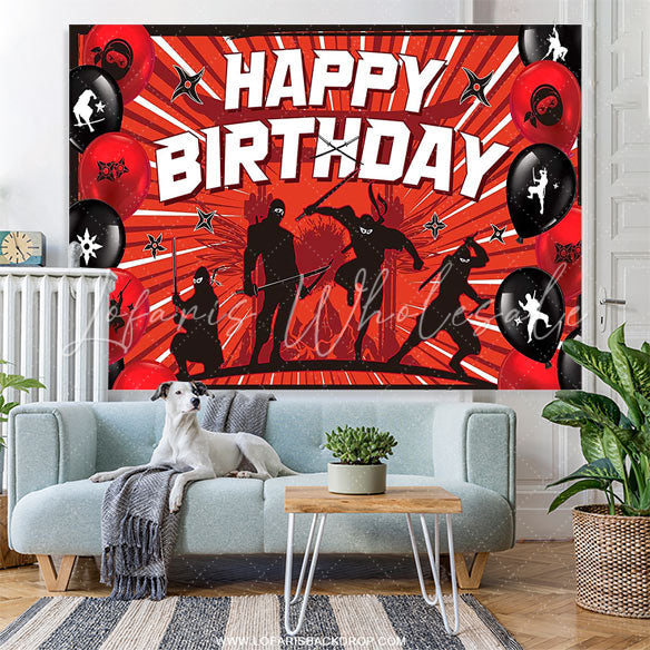Lofaris Red Ninjas Theme Balloons Happy Birthday Backdrop