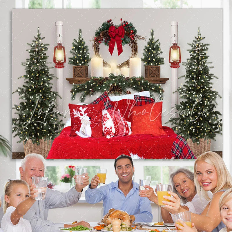 Lofaris Red Pillow Christmas Tree Lights Photo Backdrop for Family