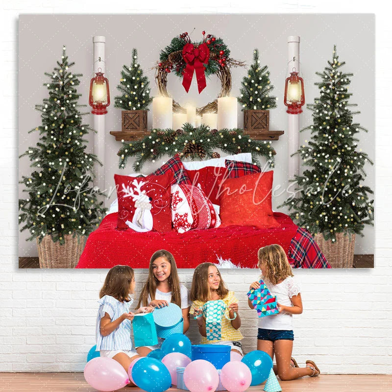 Lofaris Red Pillow Christmas Tree Lights Photo Backdrop for Family