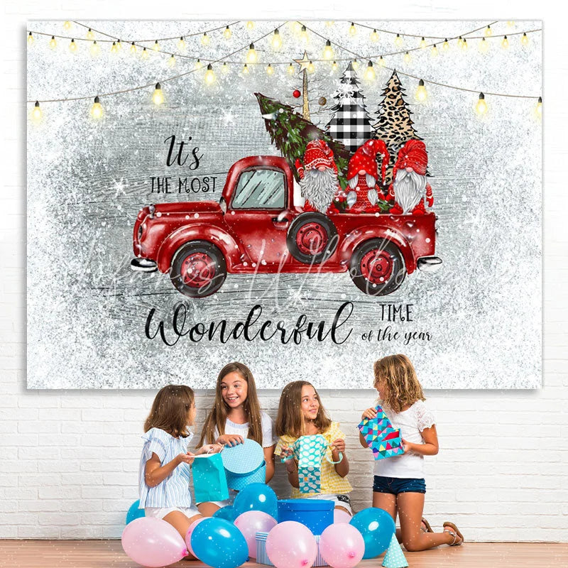 Lofaris Red Truck and Three Dwarfs Snow Christmas Backdrop