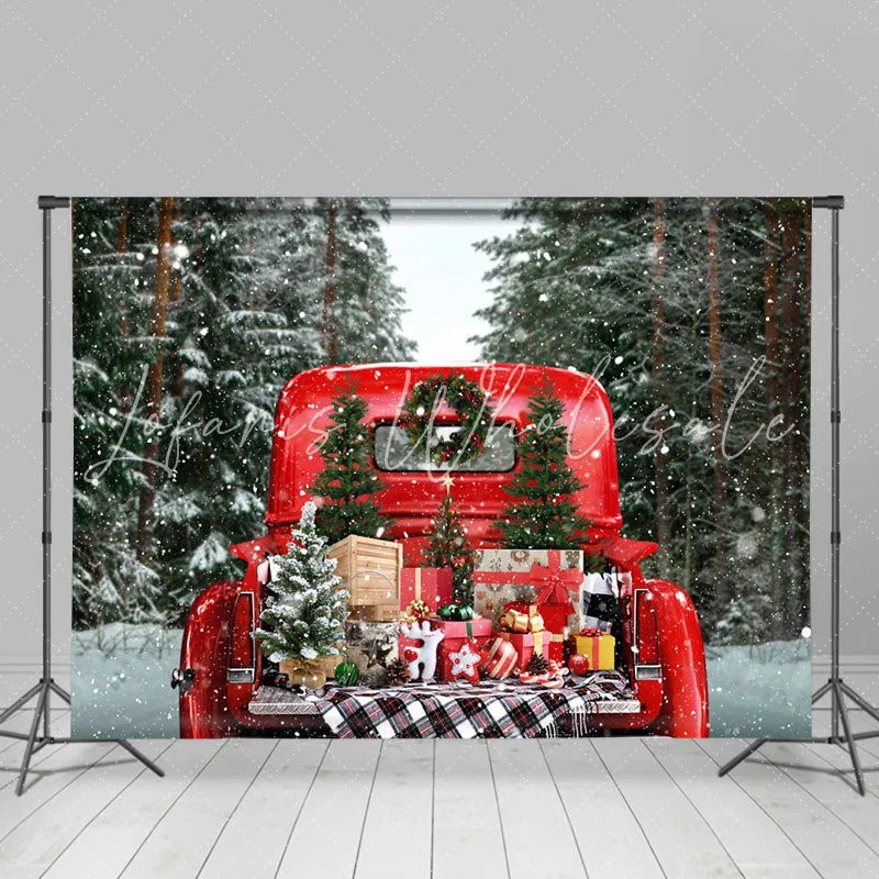 Lofaris Red Truck Presents Snowy Christmas Tree Backdrop