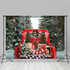 Lofaris Red Truck Presents Snowy Christmas Tree Backdrop