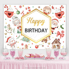 Lofaris Red White Christams Theme Gold Happy Birthday Backdrop