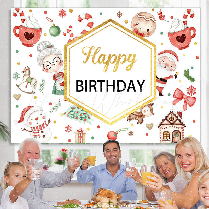 Lofaris Red White Christams Theme Gold Happy Birthday Backdrop