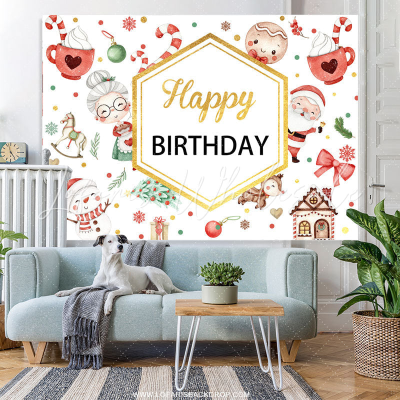 Lofaris Red White Christams Theme Gold Happy Birthday Backdrop