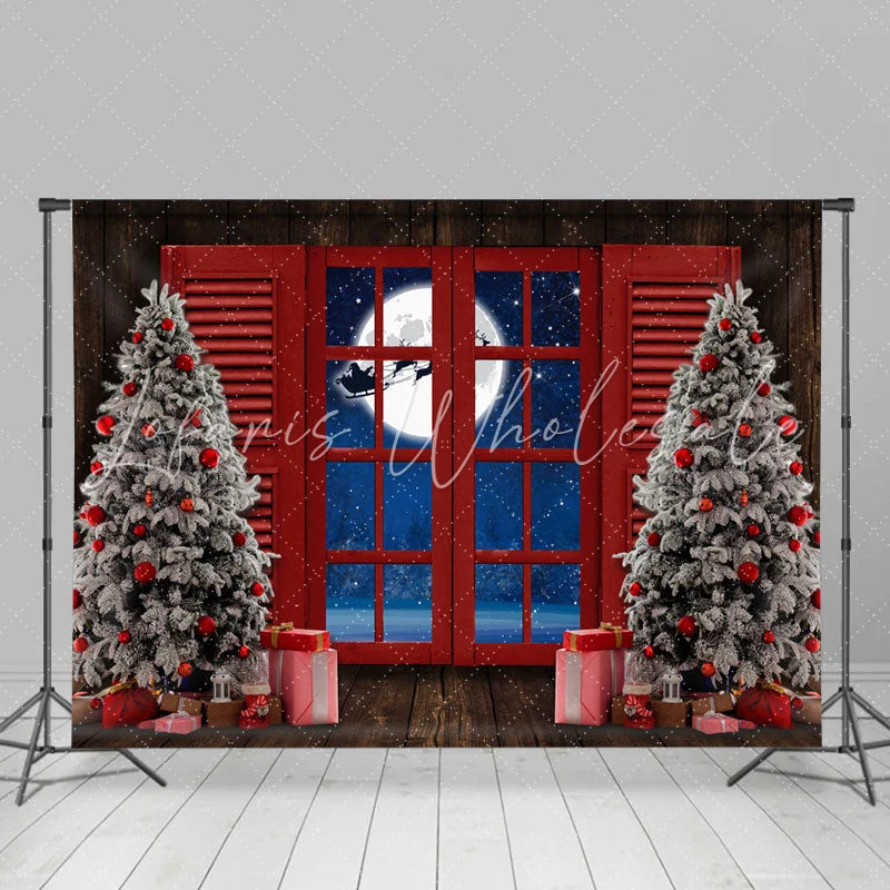 Lofaris Red Window With Christmas Tree Gift Holiday Backdrop