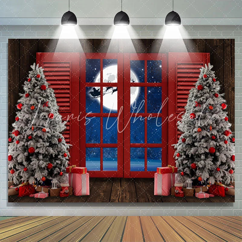Lofaris Red Window With Christmas Tree Gift Holiday Backdrop