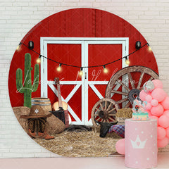 Lofaris Rodeo Red Wood Wall White Door Round Party Backdrop