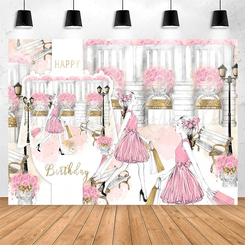 Lofaris Romantic Shopping Girl Pink Rose Birthday Backdrop