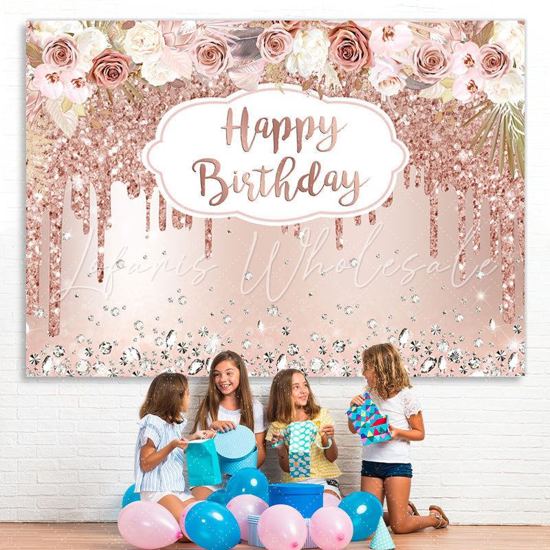 Lofaris Rose Gold Floral And Glitter Happy Birthday Backdrop