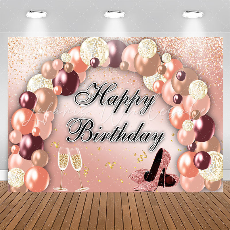 Lofaris Rose Golden Pink Balloon Happy Birthday Backdrop