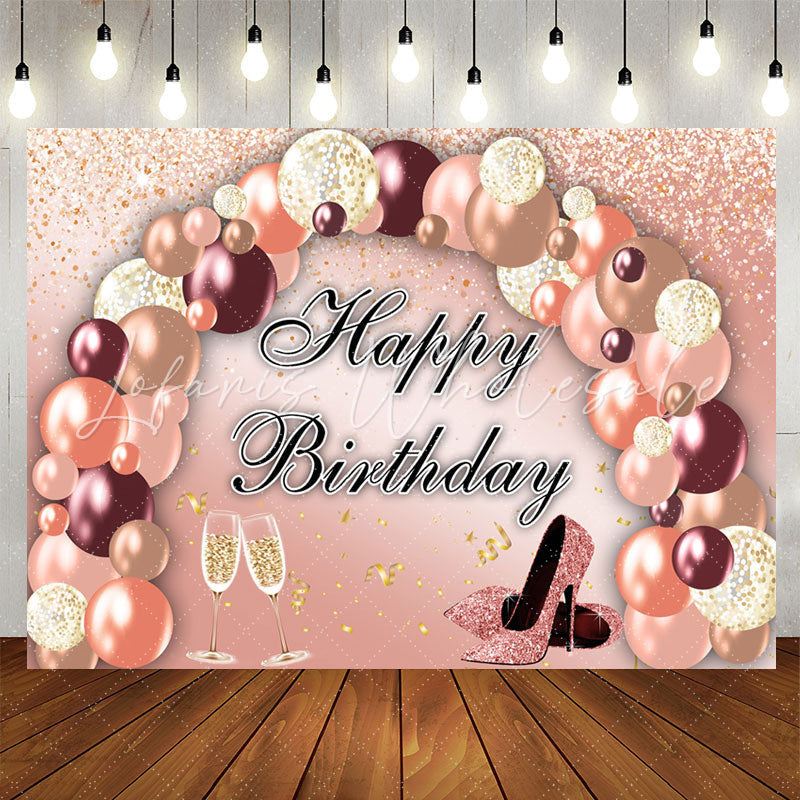 Lofaris Rose Golden Pink Balloon Happy Birthday Backdrop