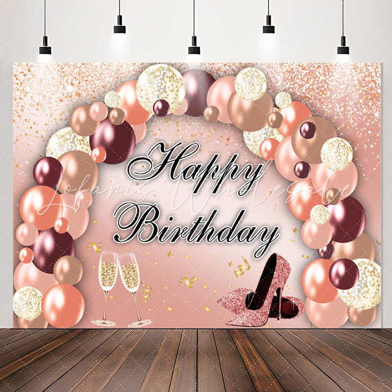 Lofaris Rose Golden Pink Balloon Happy Birthday Backdrop