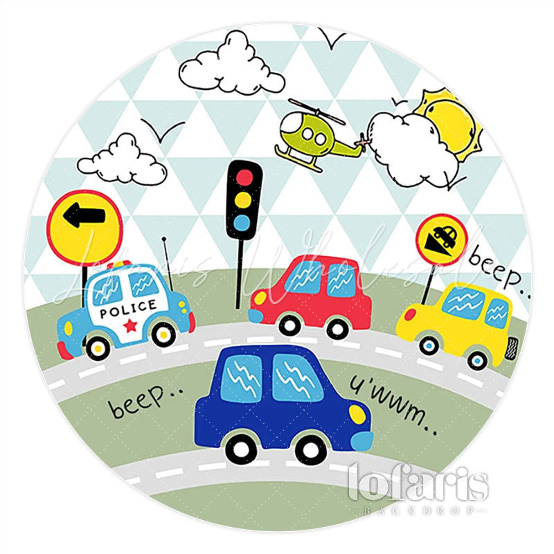 Lofaris Round Beep Traffic Sunny Day Birthday Backdrop