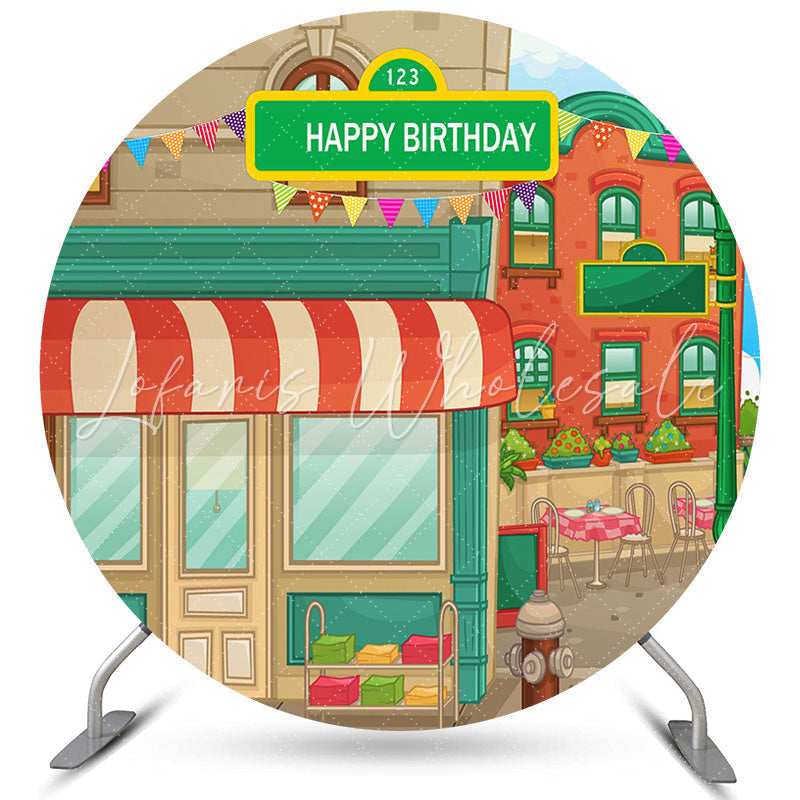 Lofaris Round Cartoon House Street Happy Birthday Backdrop