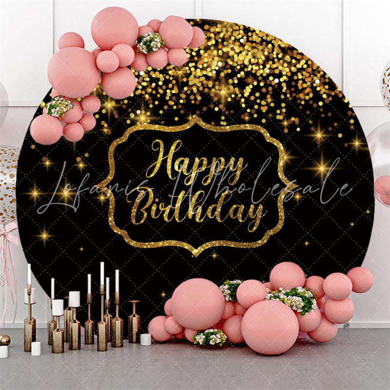 Lofaris Round Glitter Gold Star Black Happy Birthday Backdrop