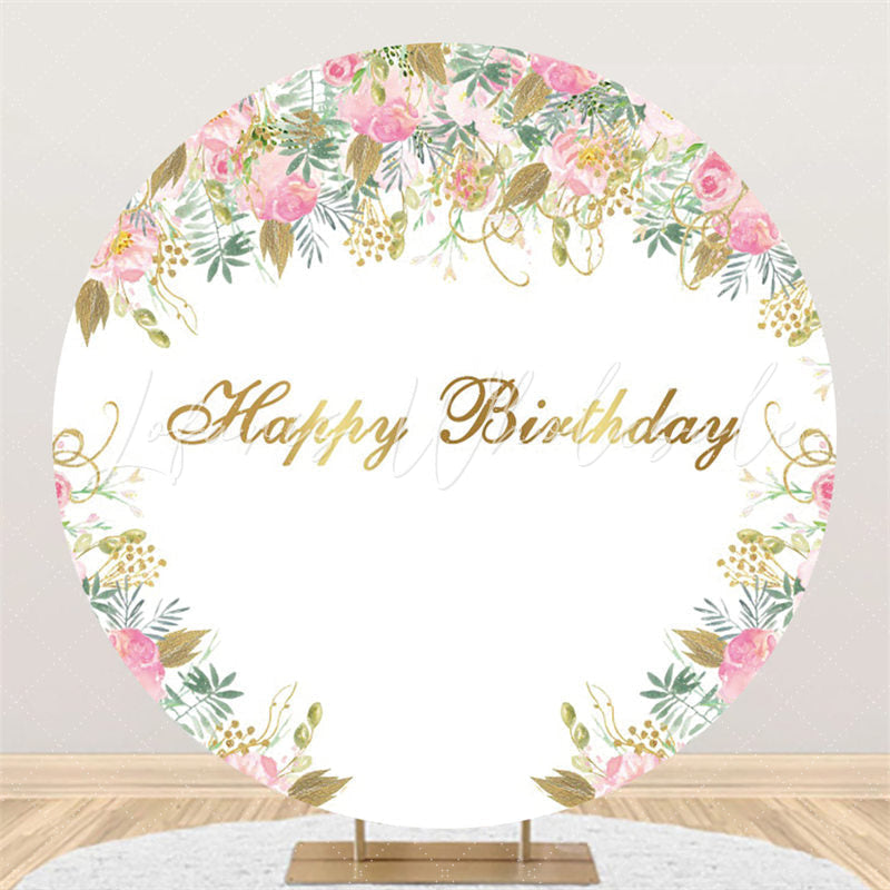 Lofaris Round Pink Flowers Golden Leaves Happy Birthday Backdrop