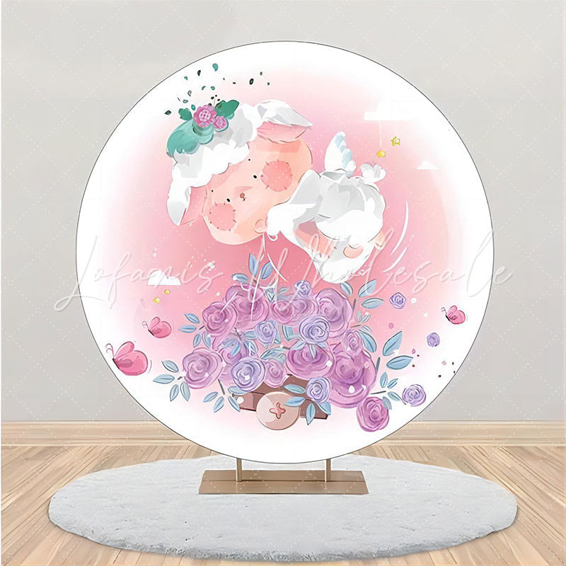 Lofaris Round Pink White Floral Rabbit Baby Shower Backdrop