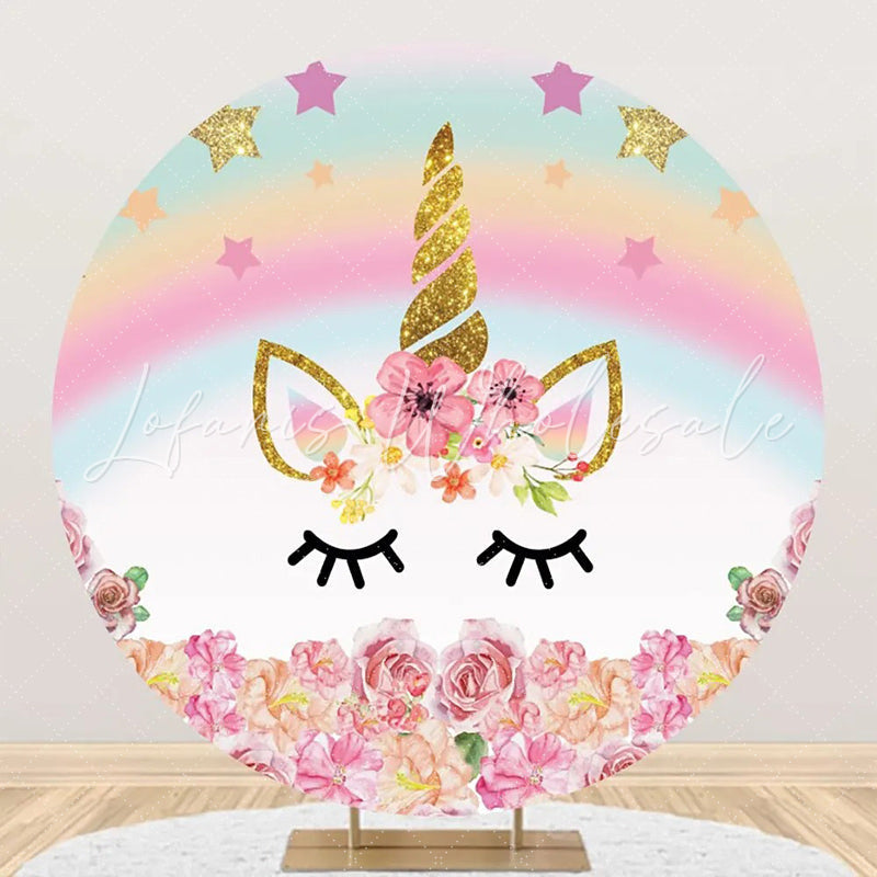 Lofaris Round Star Rainbow Unicorn Floral Birthday Backdrop