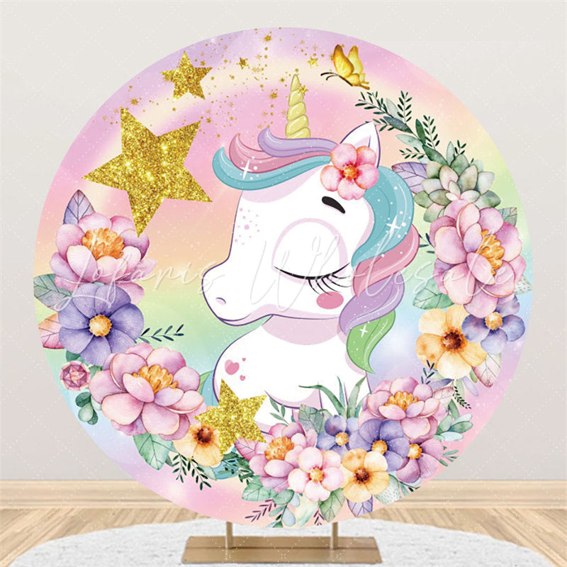 Lofaris Round Unicorn Flower Glitter Happy Birthday Backdrop