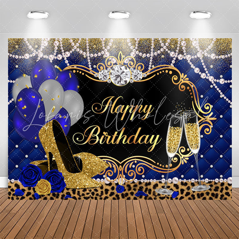Lofaris Royal Blue Gold and Leopard Happy Birthday Backdrop