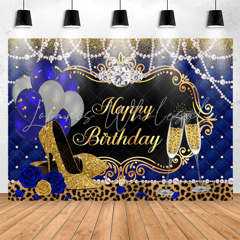 Lofaris Royal Blue Gold and Leopard Happy Birthday Backdrop