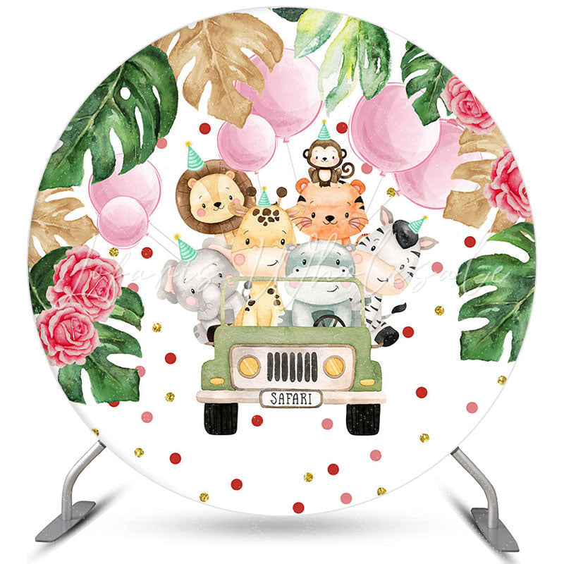 Lofaris Safari Animal Car Balloon Birthday Round Backdrops