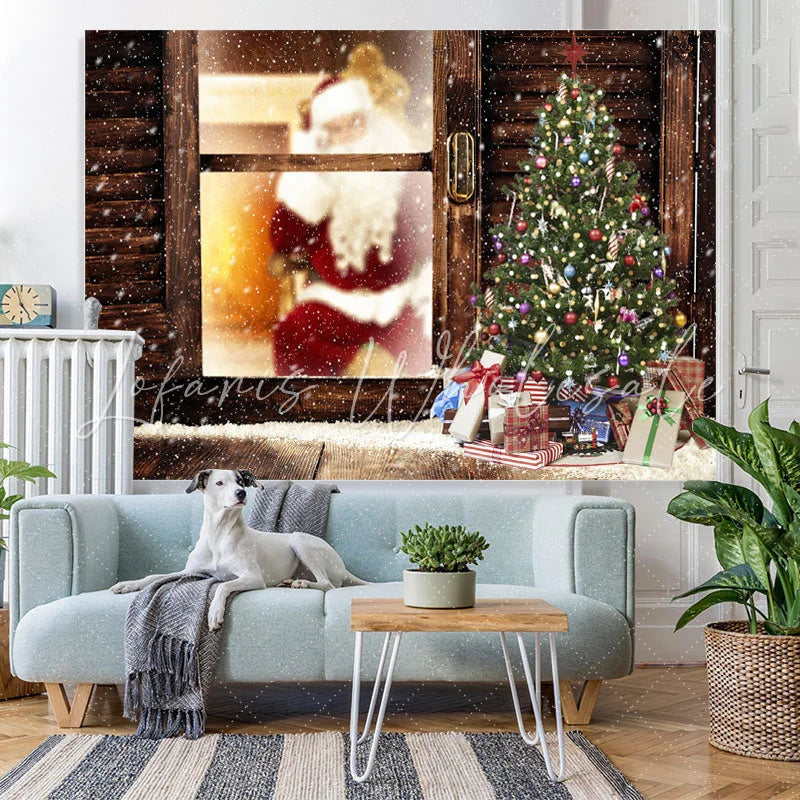 Lofaris Santa Claus And Christmas Tree Snowy Winter Backdrop