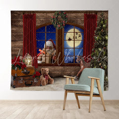 Lofaris Santa Claus With Gift Wood Window Moon Night Backdrop