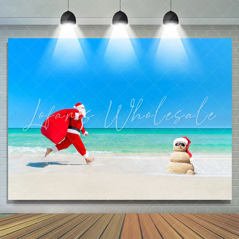 Lofaris Santa Running On The Beach Happy Christmas Backdrop
