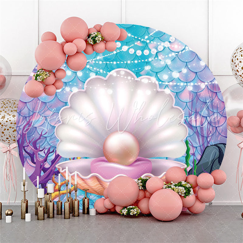 Lofaris Shell Pearl Purple Scale Happy Birthday Round Backdrop