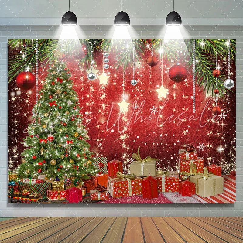 Lofaris Shiny Stars With Christmas Gift Tree Holiday Backdrop