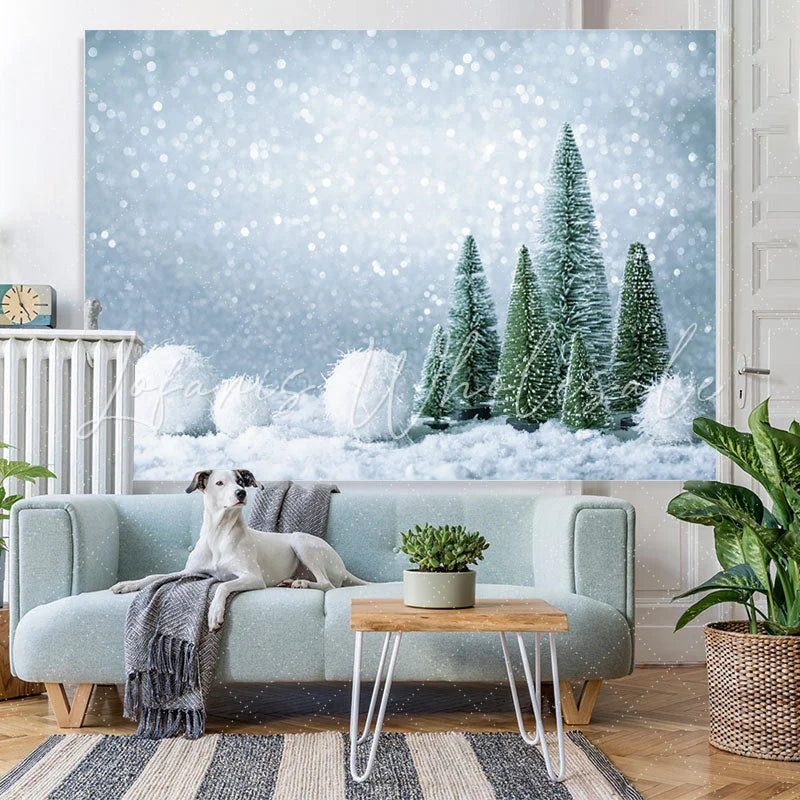 Lofaris Silver And White Snowball With Trees Christmas Backdrop
