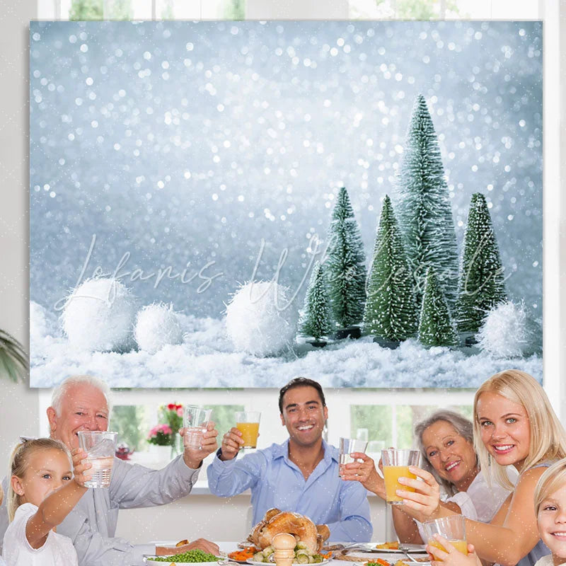 Lofaris Silver And White Snowball With Trees Christmas Backdrop