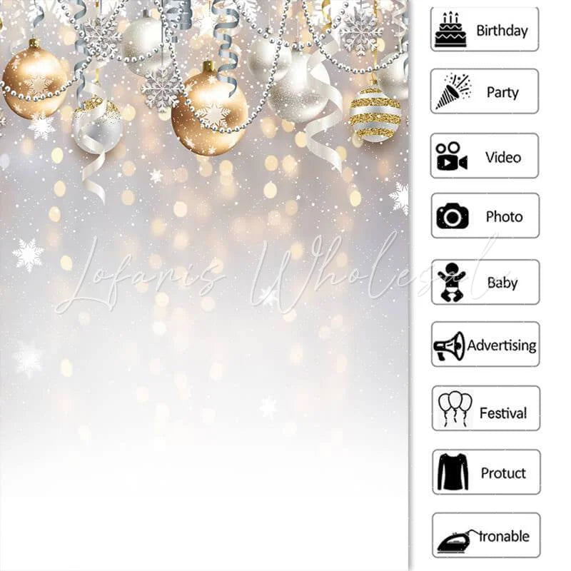 Lofaris Silver Ribbon Gold Ball Christmas Bokeh Backdrop