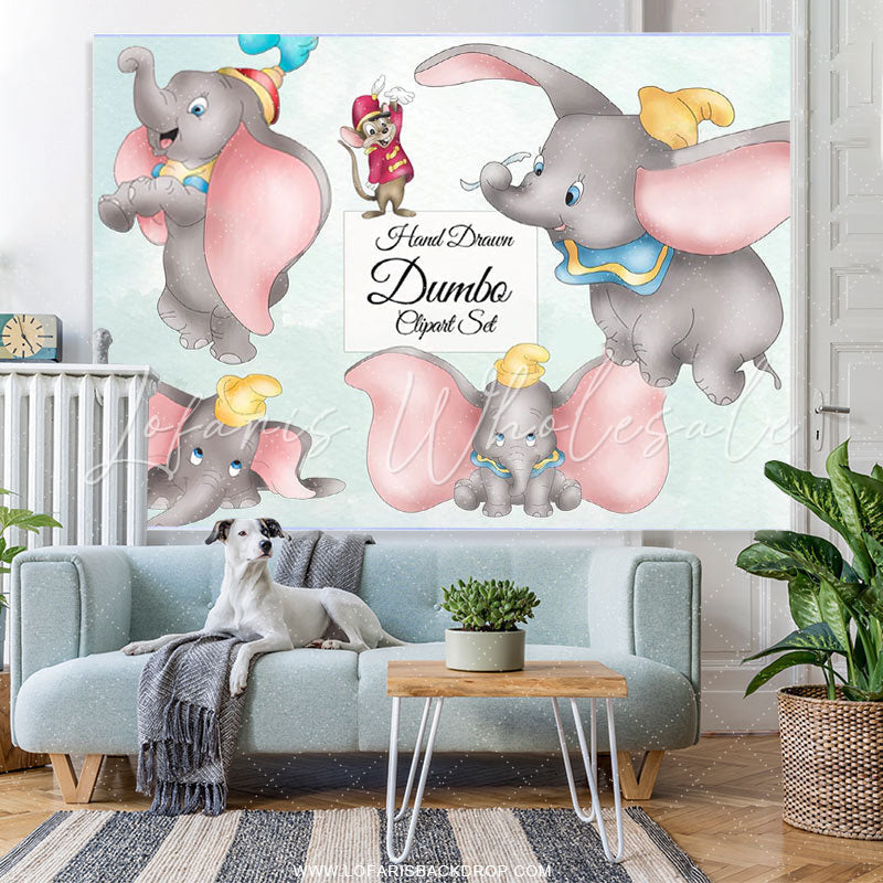 Lofaris Simple Cartoon Fly Elephant Birthday Backdrop Banner
