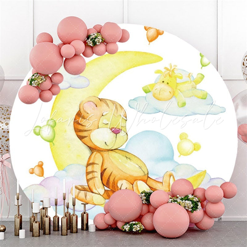 Lofaris Sleepy Cute Tiger And Moon Round Baby Shower Backdrop