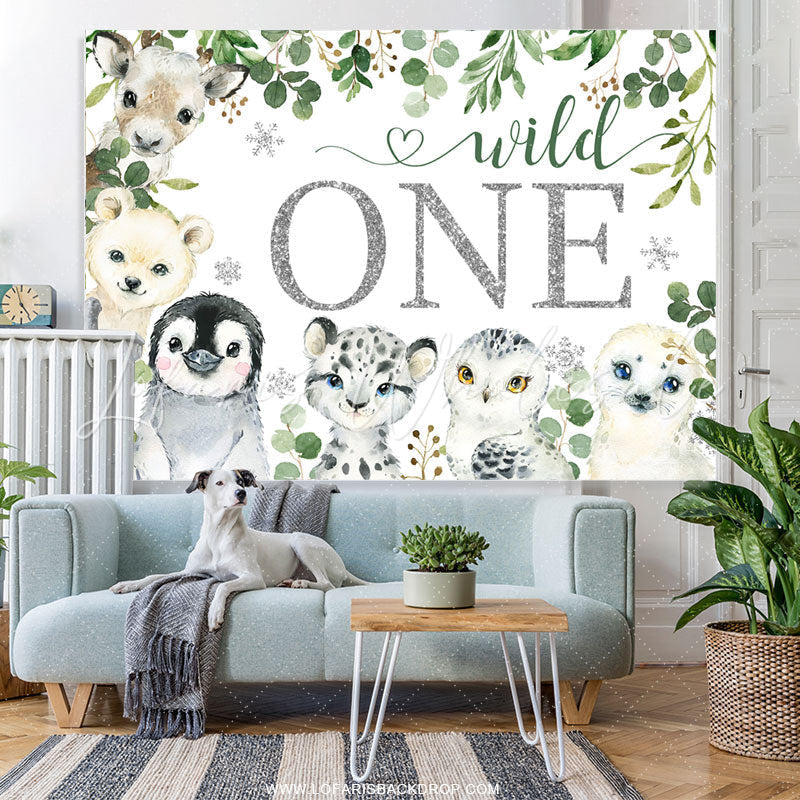 Lofaris Silver Glitter Green Wild One Animals Birthday Backdrop