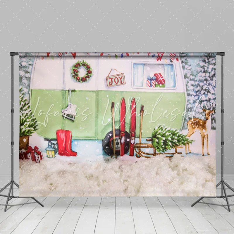Lofaris Snow Fawn Sled Car Christmas Tree Party Backdrop for Kid