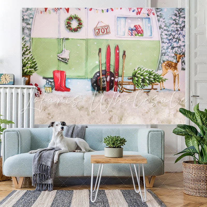 Lofaris Snow Fawn Sled Car Christmas Tree Party Backdrop for Kid