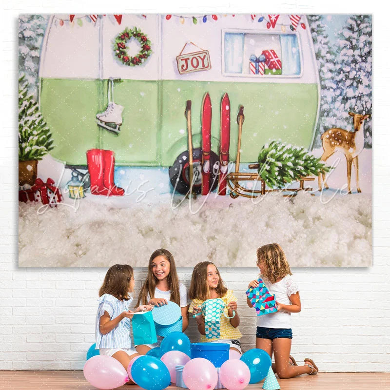 Lofaris Snow Fawn Sled Car Christmas Tree Party Backdrop for Kid