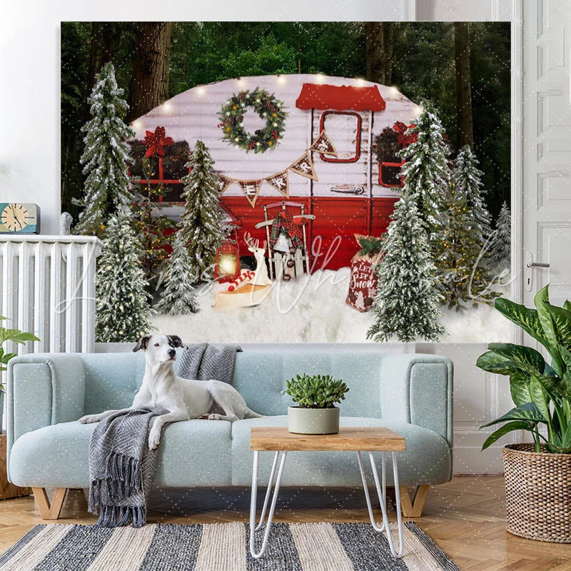 Lofaris Snow Forest Merry Christmas Tree Red Bus Scene Party Backdrop