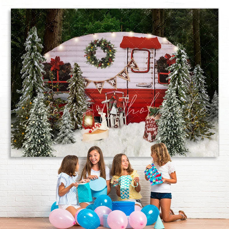 Lofaris Snow Forest Merry Christmas Tree Red Bus Scene Party Backdrop