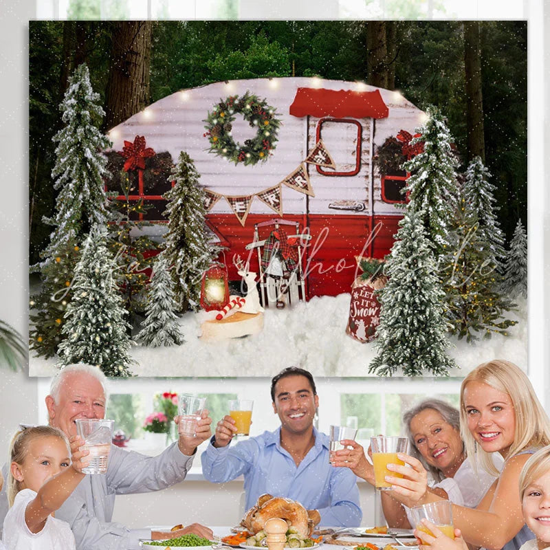 Lofaris Snow Forest Merry Christmas Tree Red Bus Scene Party Backdrop