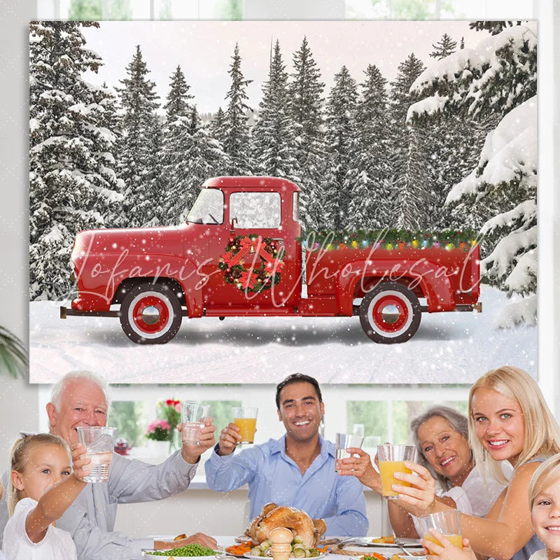 Lofaris Snow Forest Red Truck Winter Christmas Party Backdrop