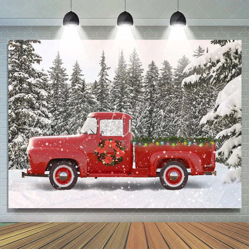 Lofaris Snow Forest Red Truck Winter Christmas Party Backdrop
