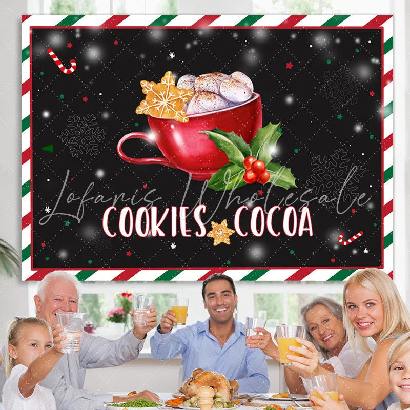 Lofaris Snowflake Cookie and Cocoa Christmas Black Backdrop for Decor